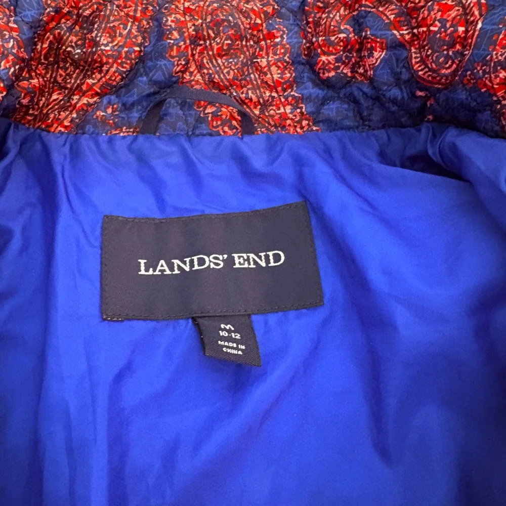 Lands‎ End Quilted Paisley Jacket Blue Red Full Zip Women's M Boho Artsy Chic